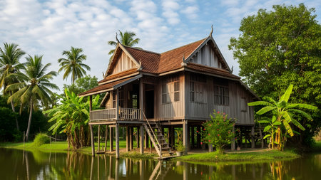 A traditional wooden stilt house situated by a calm pond in a lush tropical village. Surrounded by coconut palm trees and banana plants, the architecture reflects the rural lifestyle and cultural heritage of Southeast Asia.の素材