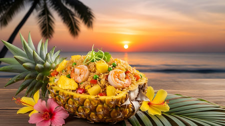 A delicious presentation of pineapple fried rice topped with shrimp, served inside a hollowed-out pineapple half. The tropical dish is set against a beautiful beach sunset background with palm trees and hibiscus flowers.の素材