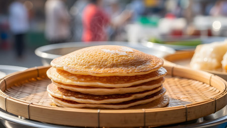 A mouthwatering stack of fluffy pancakes steaming hot on a woven bamboo tray. The close-up shot captures the texture of the golden-brown cakes against a soft bokeh background, suggesting a fresh street food treat.の素材