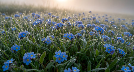 A beautiful field of blue Forget-me-not flowers covered in fresh morning dew drops. The soft sunrise light creates a magical atmosphere, highlighting the delicate petals and the sparkling water droplets on the grass.の素材