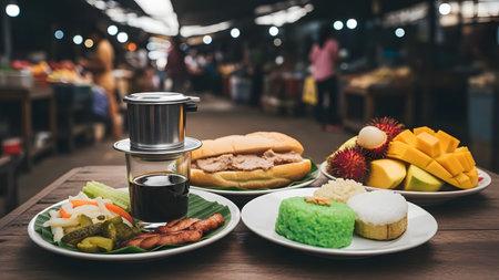 A vibrant spread of traditional Vietnamese breakfast items featuring a metal phin filter with dark coffee, a savory banh mi sandwich, and colorful sticky rice cakes. The table is also set with fresh tropical fruits like rambutan and mango, alongside pickled vegetables in a bustling street market setting.の素材