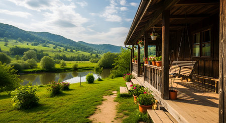 A rustic wooden cabin features a welcoming porch with flower pots, overlooking a serene river and rolling green hills. The idyllic countryside scene captures the essence of a peaceful summer vacation in nature.の素材