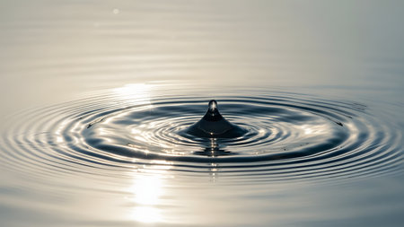 A precise macro shot of a water droplet impacting a calm blue surface, creating perfect circular ripples. The image captures the moment of contact, highlighting the clarity, purity, and serenity of the liquid motion.の素材