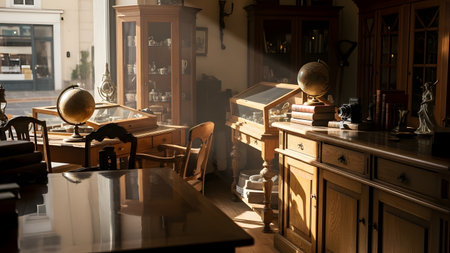 The interior of a cluttered antique shop filled with historical treasures, including globes, old books, cameras, and wooden cabinets. Sunbeams stream through the window, illuminating the dust motes and enhancing the nostalgic, timeless atmosphere.の素材