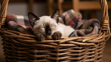 An adorable Siamese kitten sleeps peacefully inside a woven wicker basket lined with a plaid blanket. The soft lighting highlights the kitten's cream fur and dark points, creating a warm and cozy atmosphere.の素材