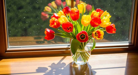 A glass vase filled with bright red and yellow tulips sits on a wooden windowsill bathed in sunlight. The vibrant bouquet and natural light create a cheerful and fresh spring atmosphere indoors.の素材