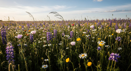 A vast meadow field filled with blooming wildflowers stretches toward the horizon under a soft sunset sky. The colorful flora and green grass create a peaceful and scenic spring landscape.の素材