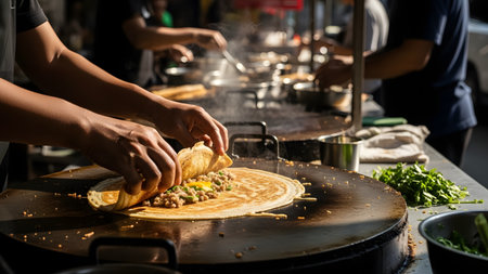 A street food vendor prepares savory meat-filled crepes on a hot griddle at a busy night market. Steam rises from the cooking food, capturing the energetic atmosphere of Asian culinary culture.の素材