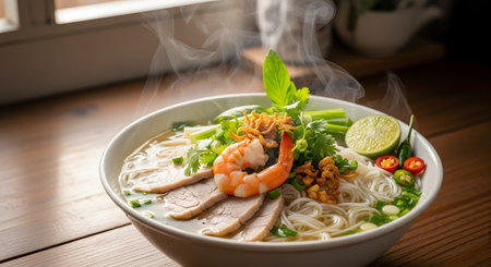 A steaming bowl of Asian noodle soup topped with fresh shrimp, sliced pork, and green herbs. The rich broth and rice vermicelli create a comforting and authentic culinary experience.の素材