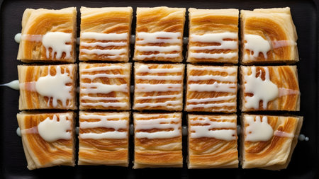 A top-down view of golden toasted bread cubes arranged in a grid and generously drizzled with sweet condensed milk. The appetizing close-up highlights the crispy texture and sugary topping of this delicious snack.の素材