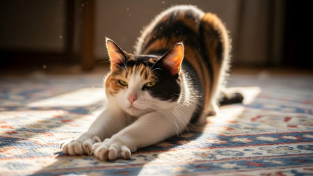 A calico cat stretches elegantly on a patterned rug, illuminated by warm morning sunlight. Dust motes dance in the light as the cat extends its paws and claws, capturing a cozy and natural moment of domestic life.の素材