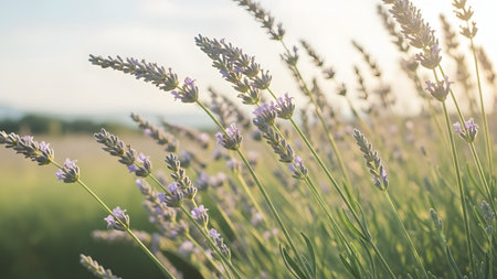 A close-up view of blooming lavender flowers swaying in a field under soft sunlight. The vibrant purple buds and green stems create a calming and aromatic natural scene.の素材