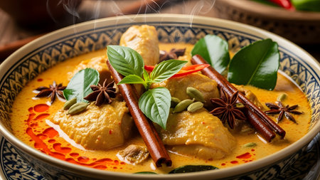 A clay bowl filled with rich and spicy yellow chicken curry, garnished with fresh basil, star anise, and cinnamon sticks. Steam rises from the hot dish, emphasizing the aromatic flavors of traditional Asian cuisine.の素材