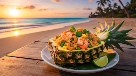 A tropical dish of pineapple fried rice with large shrimp and cashews is served inside a hollowed-out pineapple. The exotic meal is set on a wooden table against a stunning sunset beach background.の素材