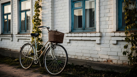 A vintage white bicycle with a wicker basket leaning against a white brick wall. The building features rustic blue window frames and climbing green vines, evoking a nostalgic and charming European countryside vibe.の素材