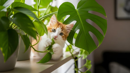 A playful ginger and white kitten chews on the green leaf of a houseplant. The cute moment captures the curiosity and mischievous nature of young pets exploring their indoor environment.の素材