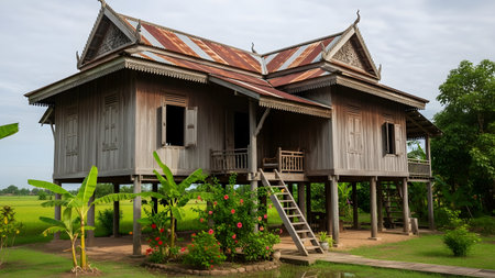A traditional wooden stilt house featuring a rusty corrugated metal roof stands raised above the ground in a rural setting. Banana trees and flowering hibiscus bushes surround the structure with a backdrop of green rice fields.の素材