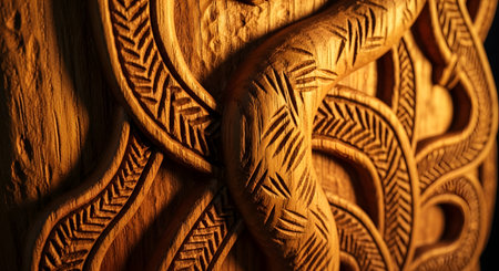 An intricate wood carving features a snake or dragon motif with detailed scales and Celtic-style knotwork. The warm lighting highlights the texture and craftsmanship of the relief sculpture.の素材