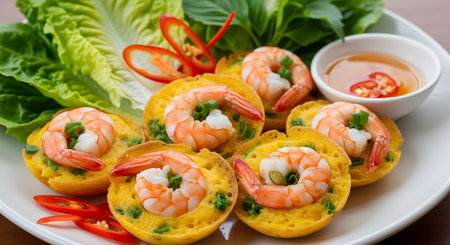 Savory Thai coconut pancakes (Khanom Krok) topped with shrimp and green onions are arranged on a white plate. Served with a side of spicy dipping sauce, this traditional street food snack looks delicious.の素材