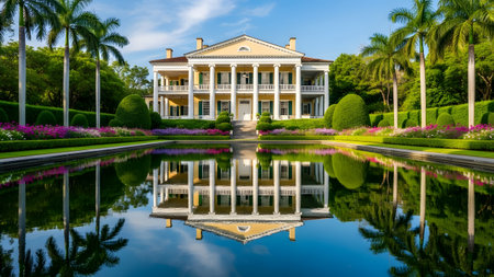 A magnificent yellow mansion with white columns and a symmetrical facade is reflected in a large pool. Palm trees and vibrant flower beds frame the estate, evoking a sense of luxury and historic grandeur.の素材