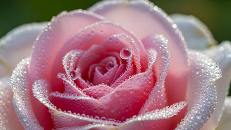 A stunning macro shot of a soft pink rose bloom covered in fresh morning dew droplets. The delicate petals are highlighted by natural light, showcasing the intricate texture and romantic beauty of the flower.の素材