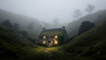 A secluded stone cottage with a thatched roof sits nestled in a misty green valley surrounded by rolling hills. The moody, atmospheric lighting creates a sense of mystery and rural isolation in the countryside.の素材