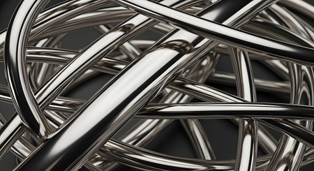 An abstract composition of polished chrome metal tubes intertwined in a chaotic yet elegant pattern. The reflective silver surfaces contrast sharply against a dark background, evoking themes of modern industrial design and complexity.の素材