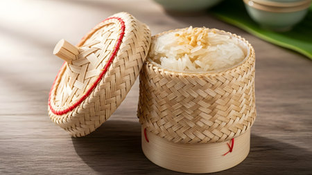A traditional bamboo container, known as a 'kratip', filled with steaming white sticky rice, a staple of Northeast Thai and Laotian cuisine. The intricate woven texture of the basket and the fluffy rice grains are highlighted in a close-up food shot.の素材
