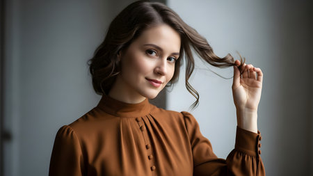 A studio portrait of a young woman with a gentle smile, playfully twirling a strand of her hair. She is wearing an elegant brown blouse, and the soft lighting accentuates her natural beauty against a neutral background.の素材