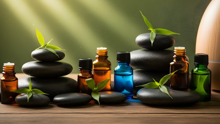 A serene spa composition featuring stacked black basalt stones, bottles of essential oils, and fresh bamboo leaves. The arrangement is set against a soft green background with mist, creating a calming atmosphere for wellness and meditation.の素材