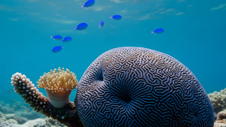 A detailed underwater view of a textured brain coral and a soft sea anemone on a reef. Small blue fish swim in the blurred turquoise background, highlighting the vibrant marine ecosystem.の素材