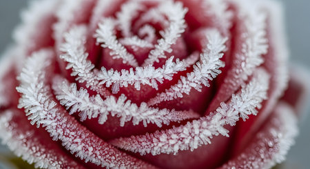 A stunning macro shot of a deep red rose bloom covered in delicate white ice crystals and frost. The intricate details of the frozen petals highlight the contrast between the vibrant flower and the cold winter elements.の素材