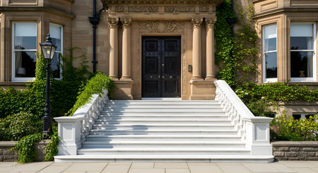 The grand entrance of a historic building featuring wide white stone steps leading to a dark double door. Flanked by columns and climbing ivy, this elegant facade suggests a university, museum, or luxury estate.の素材