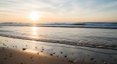A serene beach landscape at sunrise, with the golden sun reflecting on the water and wet sand. Gentle waves roll onto the shore, which is scattered with small pebbles and shells, creating a calming and scenic view.の素材