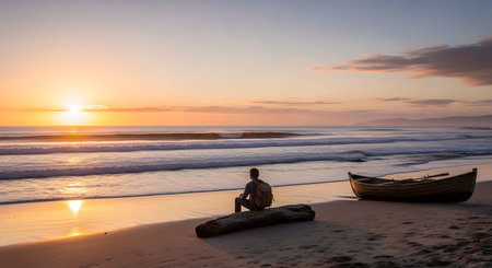 A lone traveler with a backpack sits on a driftwood log watching a vibrant sunset over the ocean waves. A small wooden boat rests on the sand nearby emphasizing themes of adventure and exploration.の素材