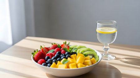 A bowl of fresh fruit salad containing strawberries, blueberries, mango, and kiwi sits on a sunlit table next to a glass of lemon water. This healthy and colorful breakfast scene promotes a nutritious lifestyle.の素材