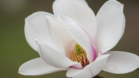 A stunning macro shot of a white magnolia flower in full bloom, featuring delicate petals adorned with fresh water droplets. The soft focus background accentuates the purity and intricate details of the flower's center and texture.の素材