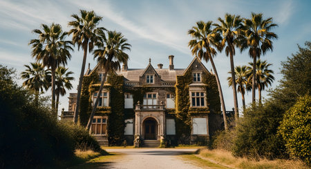 The exterior of a weathered Gothic-style mansion featuring stone architecture covered in creeping vines. Tall palm trees frame the building which sits under a blue sky giving the estate a mysterious and historic appearance.の素材