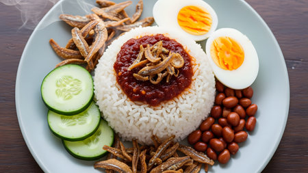 A perfectly composed plate of Nasi Lemak, a famous Malaysian dish, features coconut rice topped with rich red sambal and fried anchovies (ikan bilis), served with a hard-boiled egg, sliced cucumber, and roasted peanuts. Steam rises faintly from the rice, indicating the dish is hot and fresh.の素材