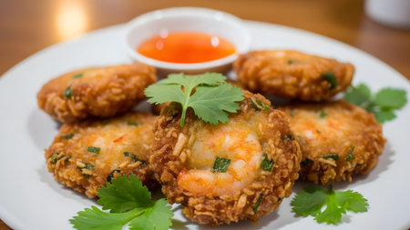 A plate of deep-fried, crispy Thai shrimp patties (*Tod Man Goong*), garnished with cilantro leaves, is served with a small bowl of sweet chili dipping sauce. The golden-brown patties have a crunchy exterior and show whole shrimp inside, offering an appealing appetizer.の素材
