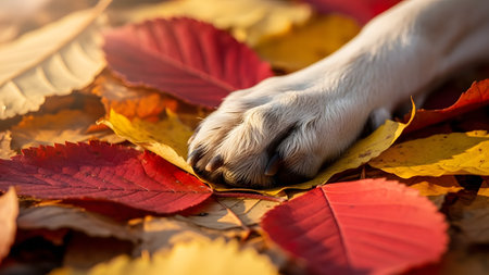 A close-up of a white dog's paw resting gently on a bed of vibrant red and yellow autumn leaves. The image captures the essence of the fall season and the companionship of a pet in a natural outdoor setting.の素材