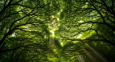 A mesmerizing upward view of a dense forest canopy, where interlocking branches and vibrant green leaves cover the sky. Sunlight pierces through the foliage, creating a beautiful play of light and shadow known as sunbeams or komorebi.の素材
