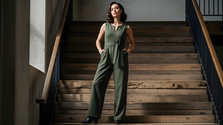A fashionable young woman wearing a stylish olive green jumpsuit poses confidently on a rustic wooden staircase. Her elegant stance and modern outfit are showcased against an industrial-style interior backdrop with natural lighting.の素材