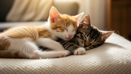 Two adorable kittens, one ginger and white and one tabby, sleeping soundly while cuddling on a soft textured surface. The warm lighting highlights their peaceful expressions and fluffy fur symbolizing friendship and comfort.の素材