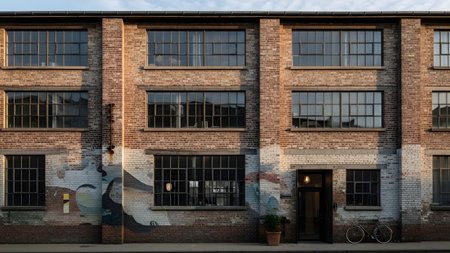 The facade of an old industrial brick building or warehouse featuring large grid windows and a bicycle parked near the entrance. The texture of the red brick and the urban architecture suggest a converted loft or creative space.の素材