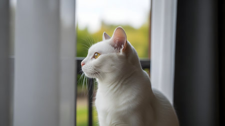 A beautiful white cat with amber eyes is captured in profile, looking intently out a window. The cat is illuminated by soft light, with sheer white curtains partially framing the scene and a blurred green background visible outside.の素材