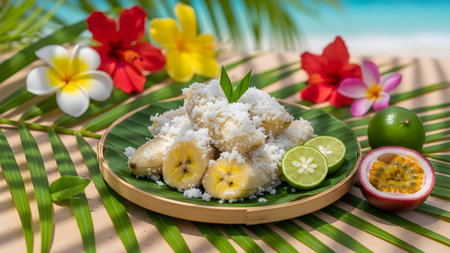 A traditional Southeast Asian dessert of sliced steamed banana topped with grated coconut is served on a banana leaf on a bamboo plate. The tropical scene, set against a beach background, is decorated with hibiscus and plumeria flowers, lime, and passion fruit.の素材