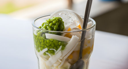 A refreshing glass of Asian sweet dessert featuring green jelly noodles, coconut milk, and shaved ice. The beverage is garnished with jackfruit or corn, representing a popular street food treat like Cendol or Che.の素材