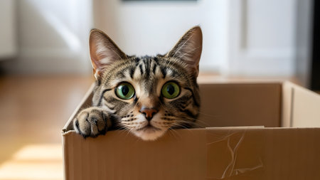 A cute tabby cat with striking green eyes peeks playfully out of a cardboard box. The close-up shot captures the curious expression and paws of the feline in a domestic indoor setting.の素材