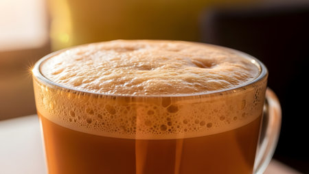 A macro shot focuses on the rich, bubbly foam of a hot coffee drink served in a glass mug. Backlit by warm sunlight, the golden bubbles create a textured and inviting visual for cafe and beverage themes.の素材